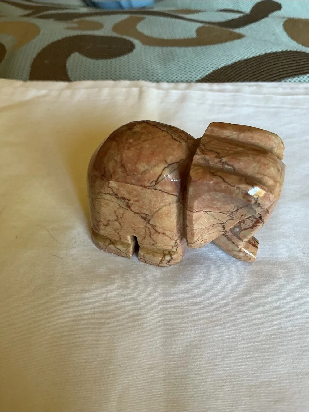 Hand Carved Marble Elephant Figurine in Peach-Tan Veined Stone